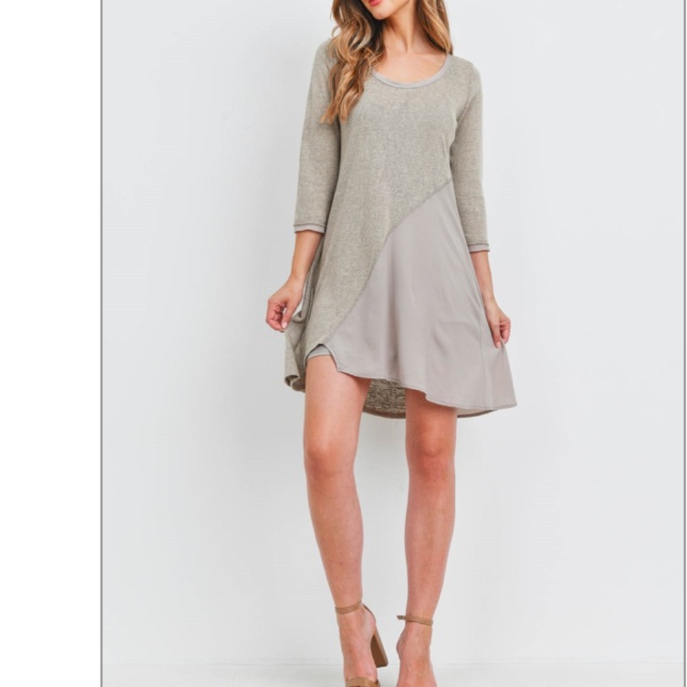 Taupe 3/4 sleeve round neck asymmetric hem two-tone shift dress. CUTE! - Picture 10 of 10